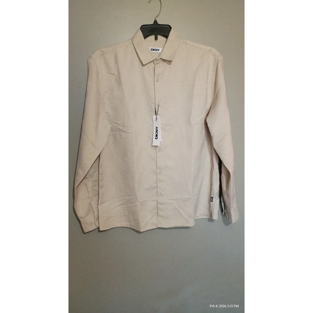 DKNY Men's Geometric Button-Up Shirt Sand Color M Stretch Long Sleeve‎